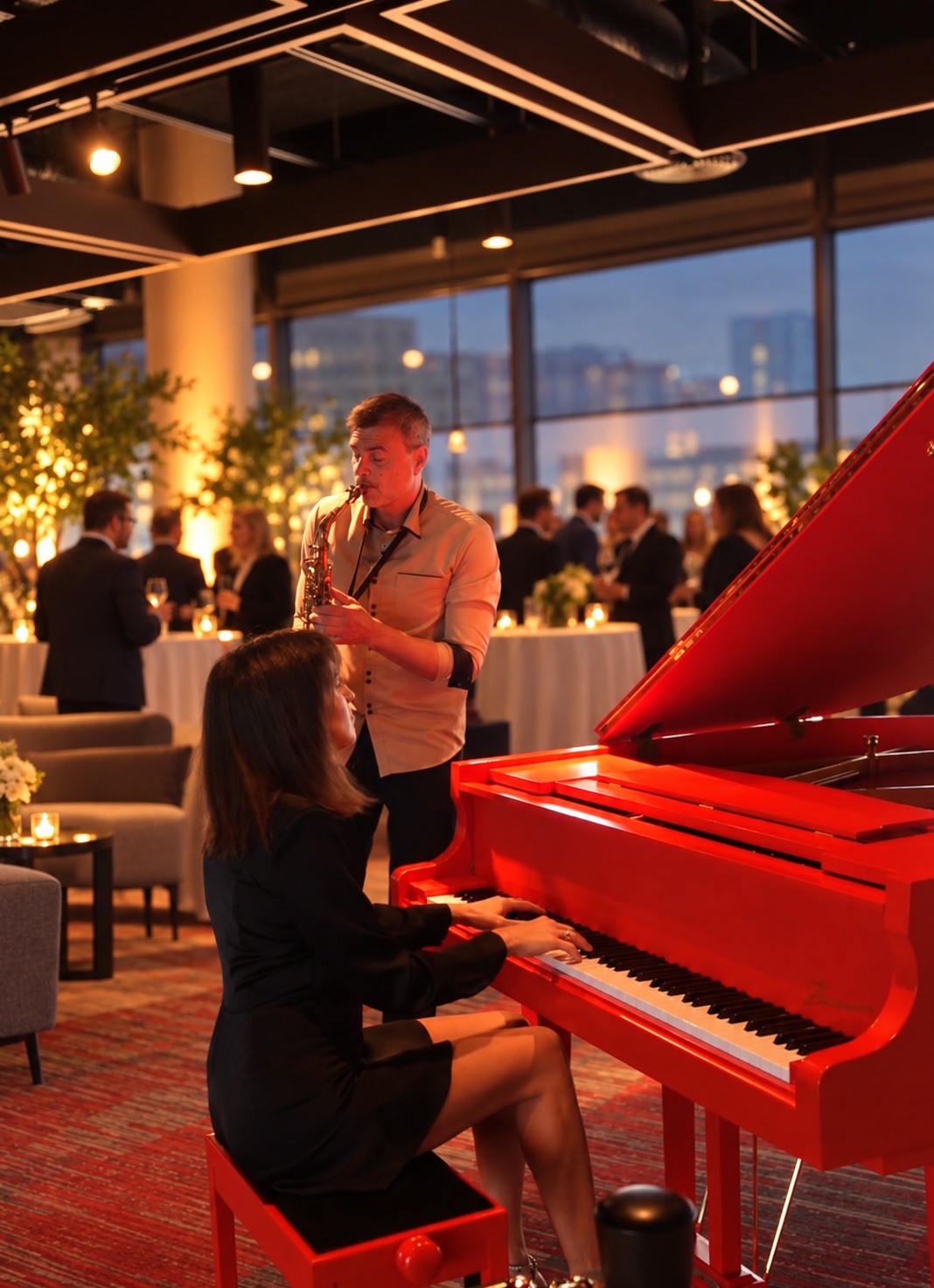 Saxophone and piano duo performing beside a red grand piano