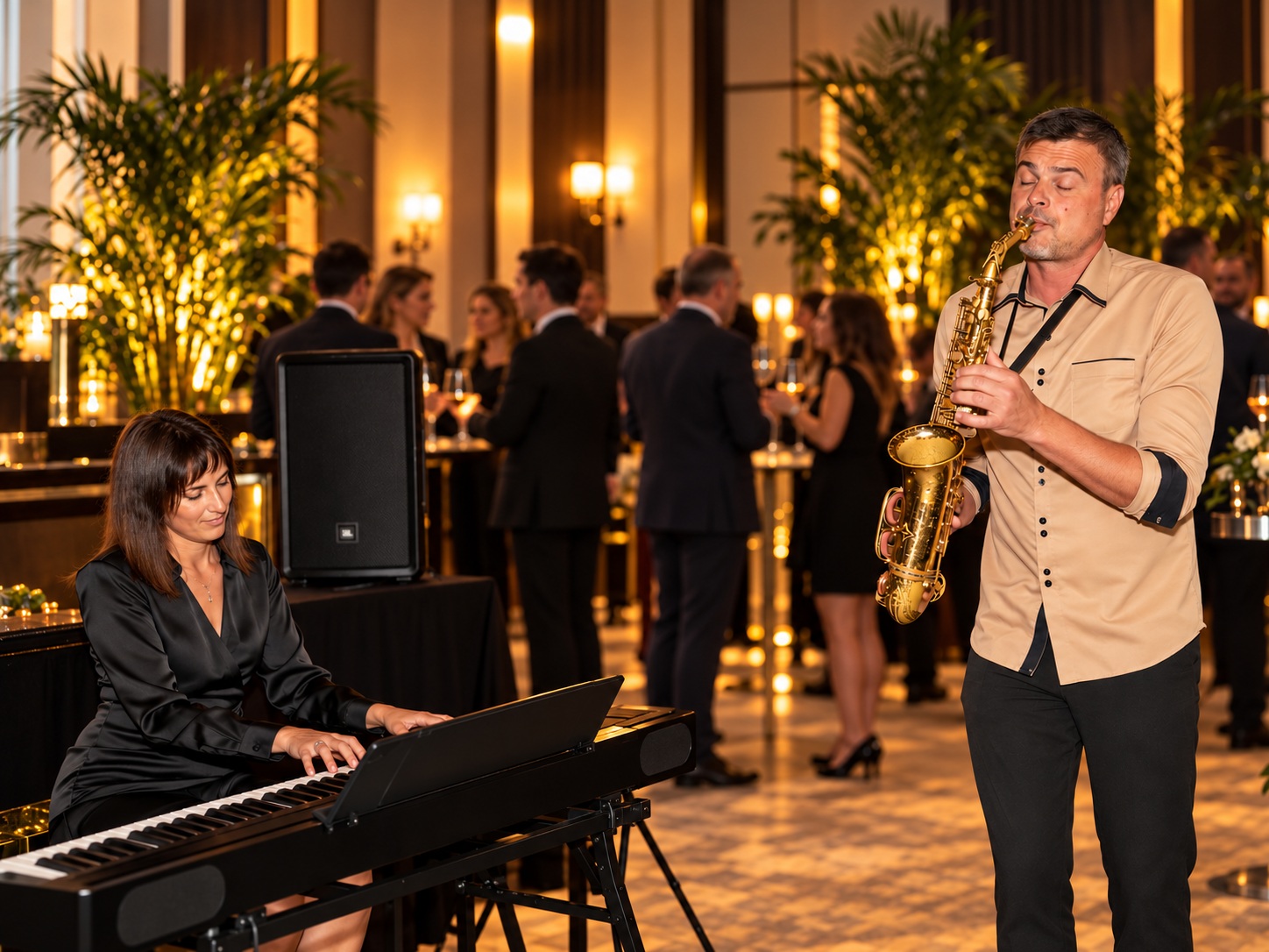 Saxophone and piano duo performing at an evening reception